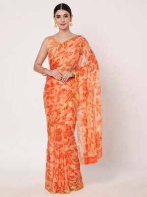 Linen Textile | Peach Chinon Zari Piping saree