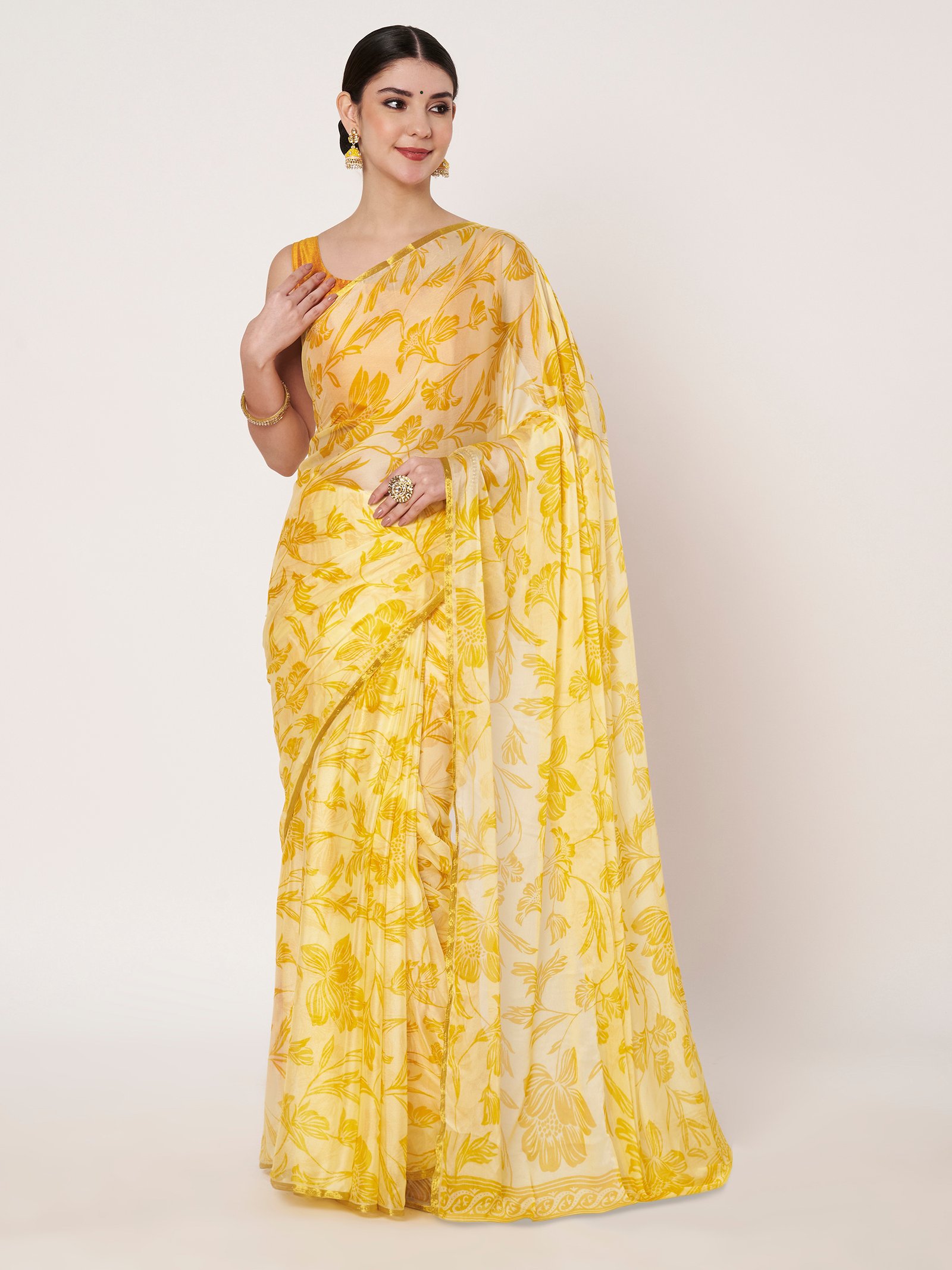Linen Textile | Yellow Chinon Zari Piping saree