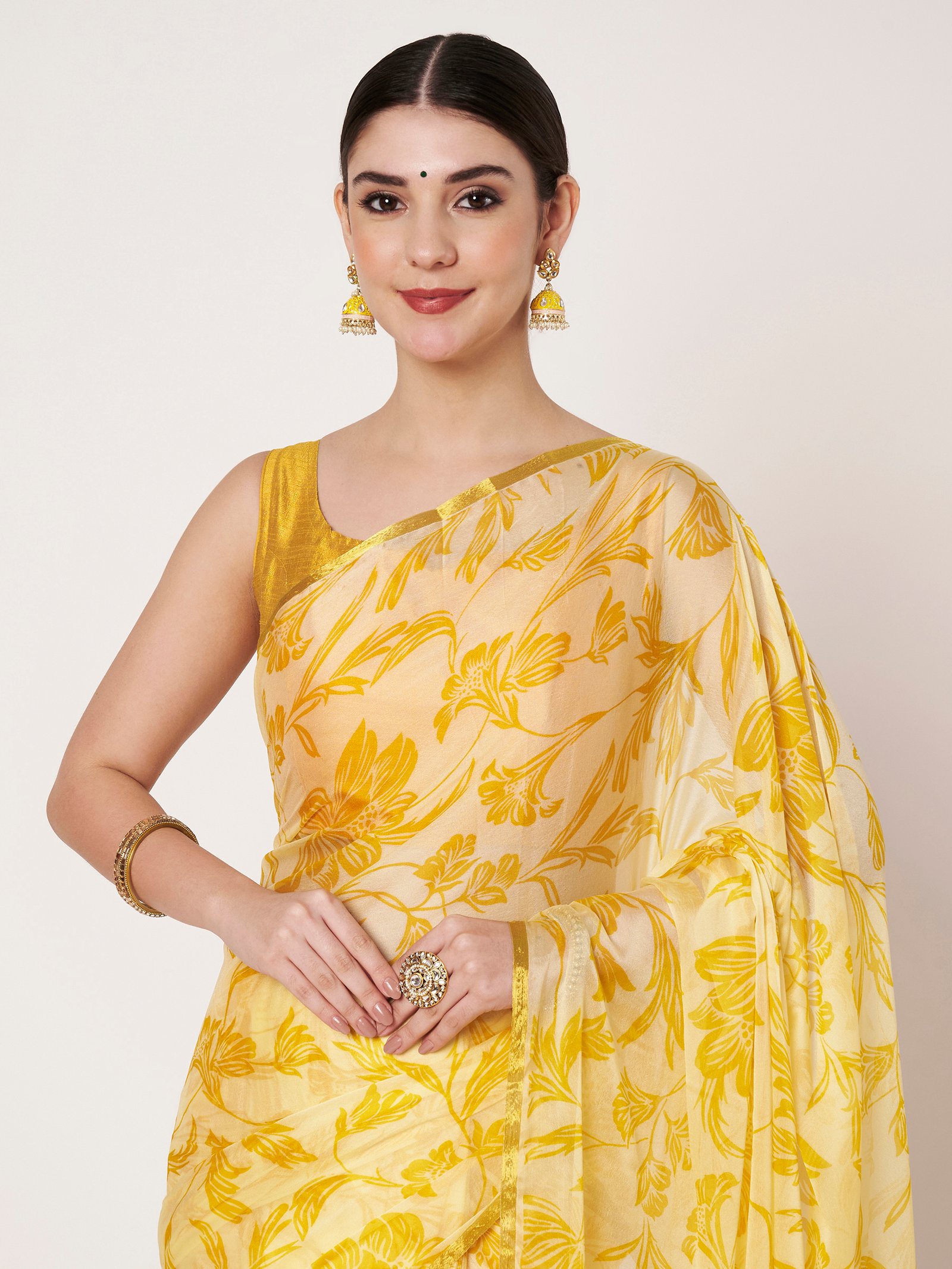 Linen Textile | Yellow Chinon Zari Piping saree - Image 2