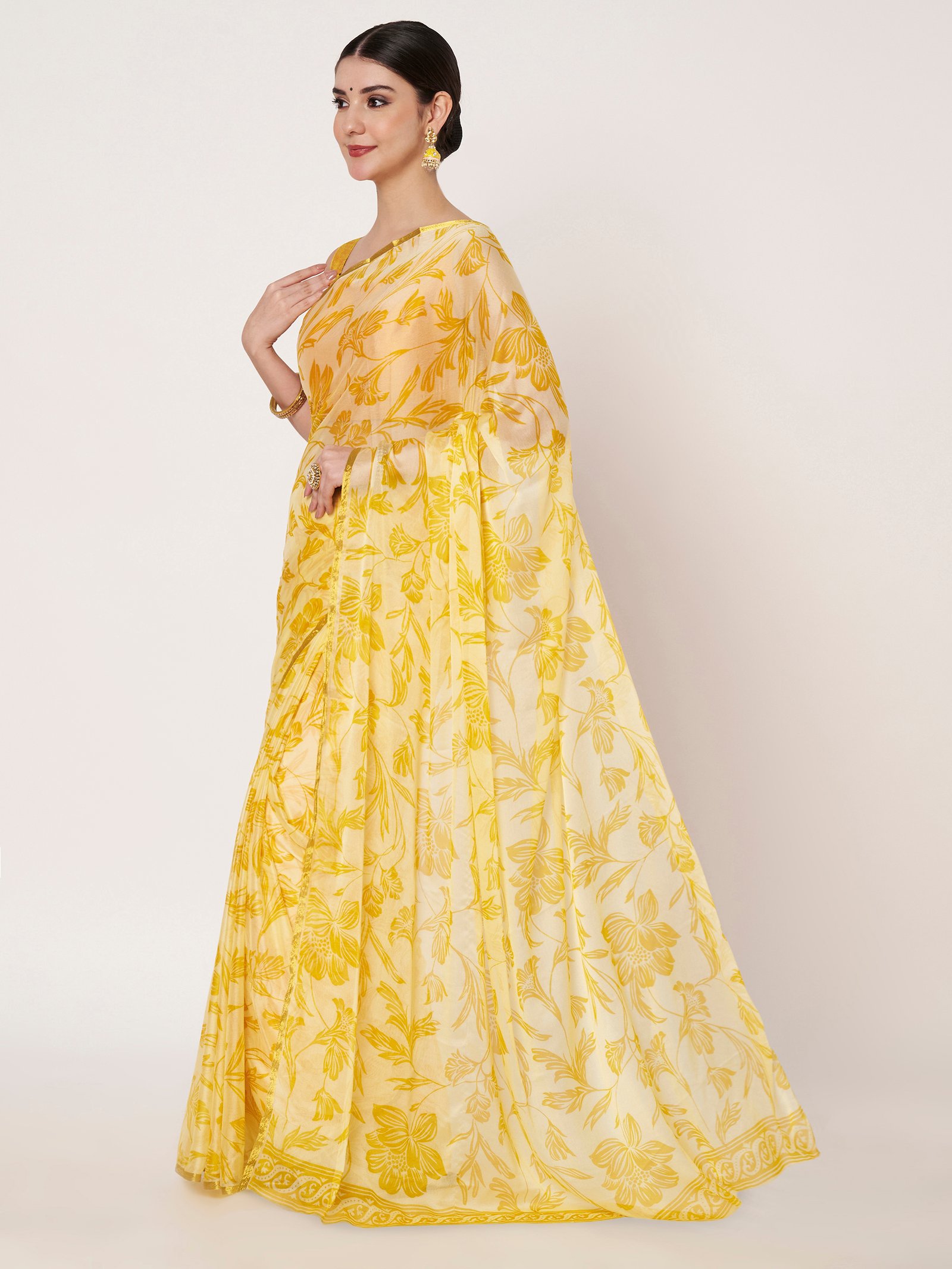 Linen Textile | Yellow Chinon Zari Piping saree - Image 4