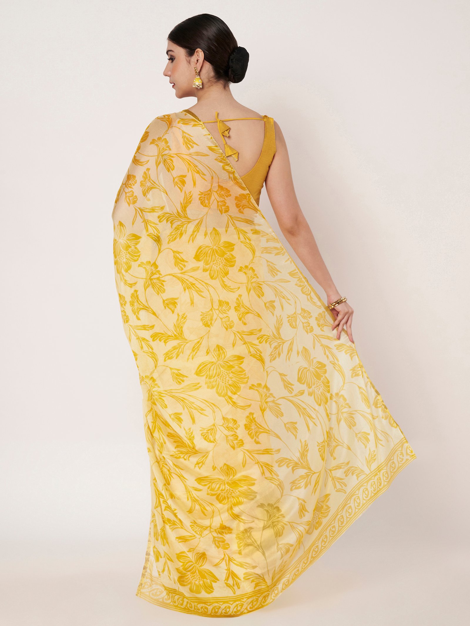 Linen Textile | Yellow Chinon Zari Piping saree - Image 5