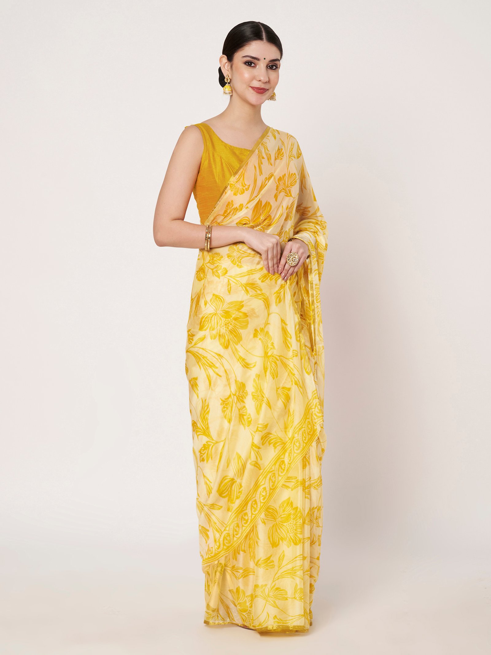 Linen Textile | Yellow Chinon Zari Piping saree - Image 6
