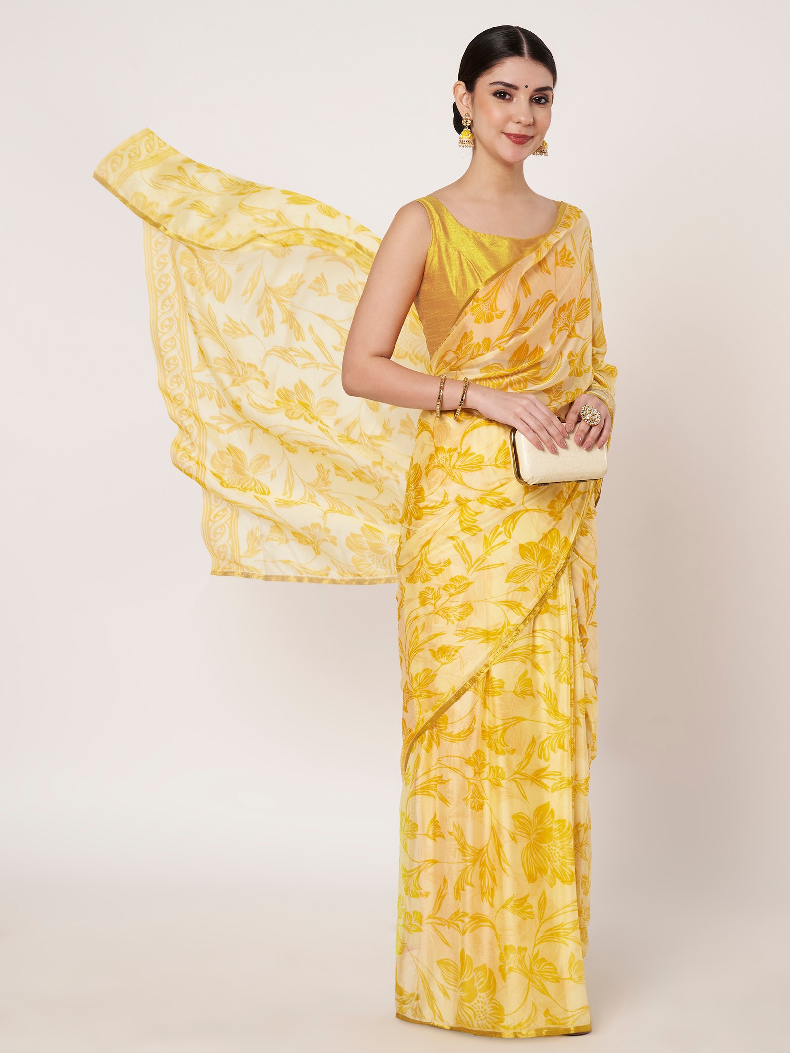 Linen Textile | Yellow Chinon Zari Piping saree - Image 7