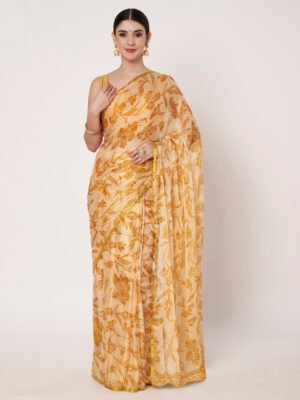 Linen Textile | yellow Chinon saree