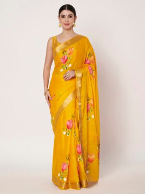 Linen Textile | Yellow Chinon chitt pallu saree