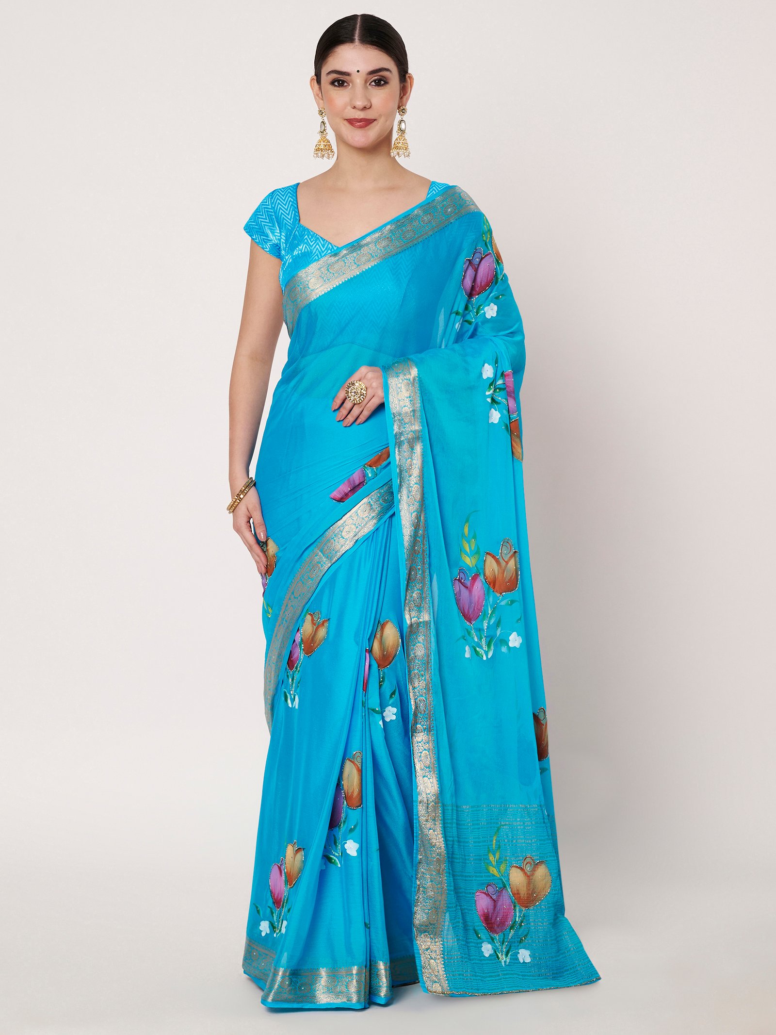 Linen Textile | Blue Chinon chitt pallu saree