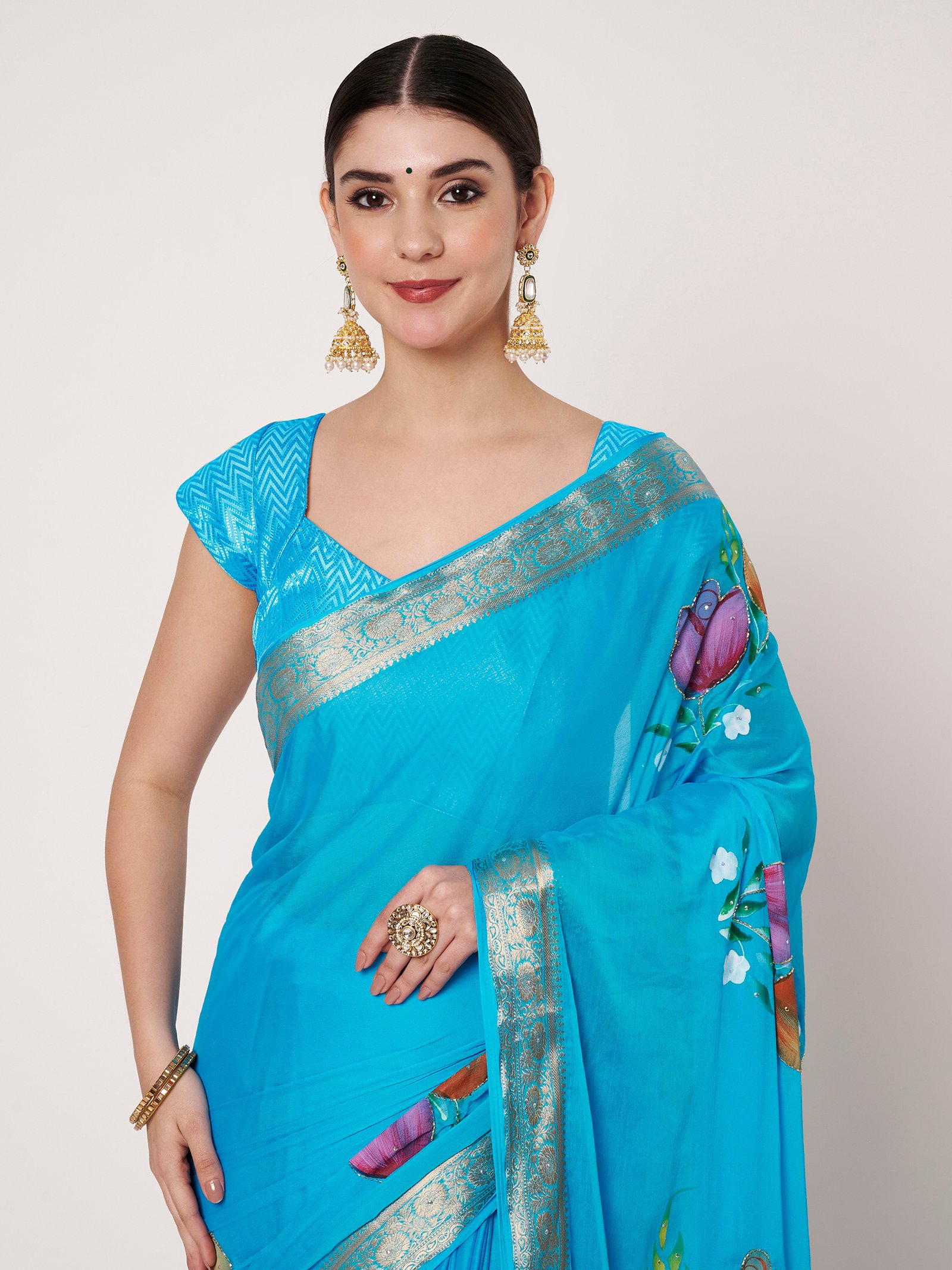 Linen Textile | Blue Chinon chitt pallu saree - Image 2