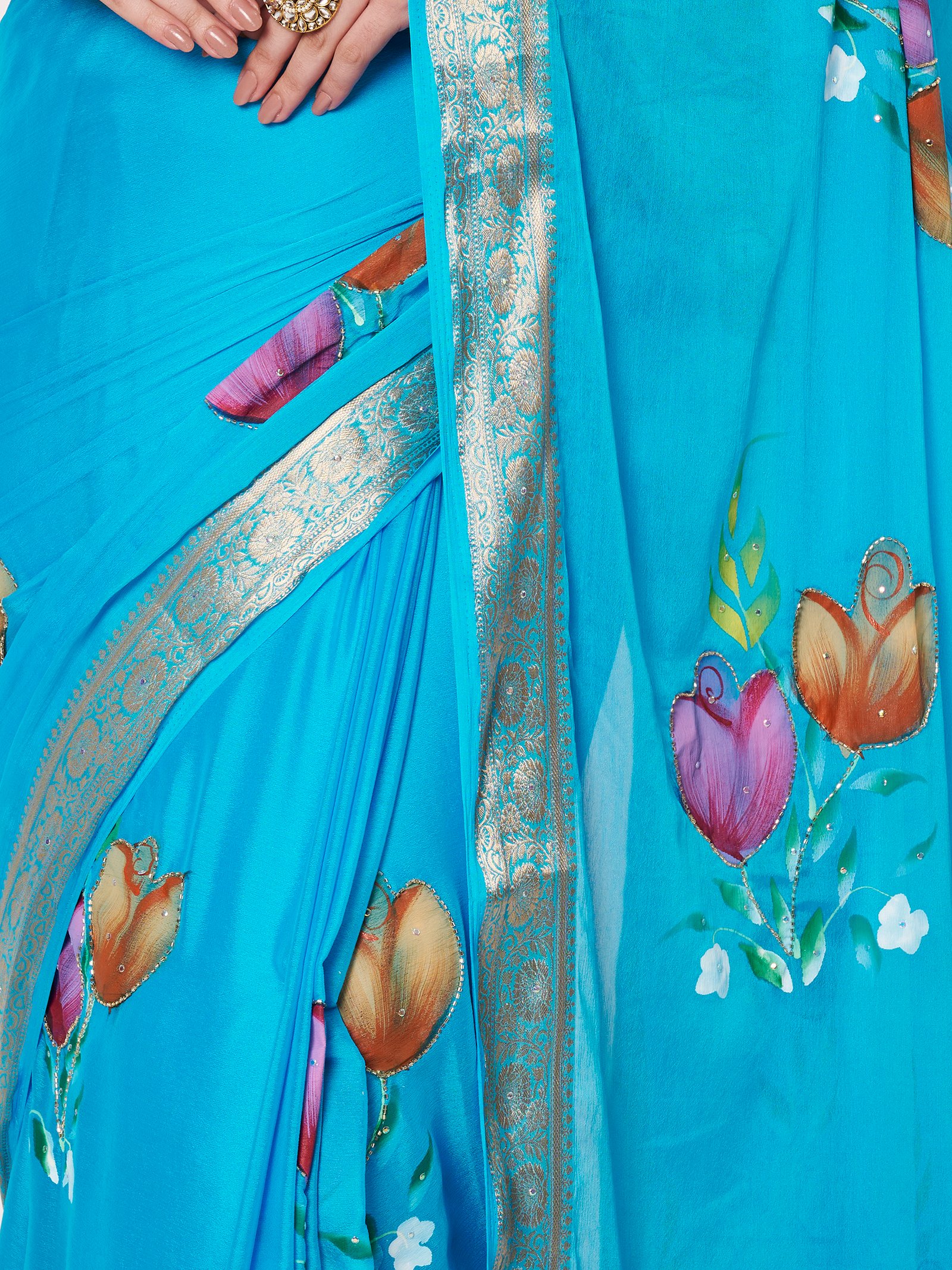 Linen Textile | Blue Chinon chitt pallu saree - Image 3