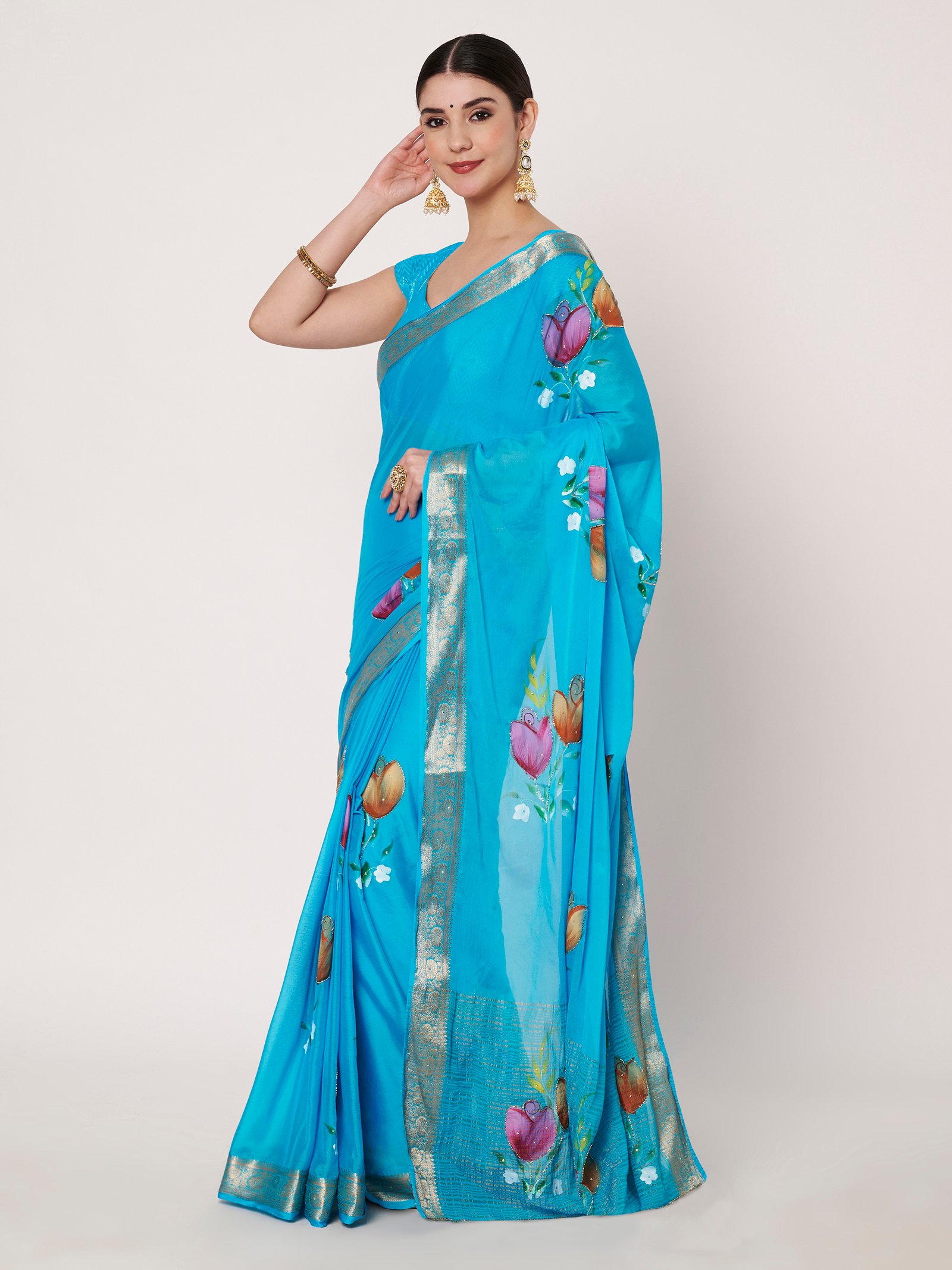 Linen Textile | Blue Chinon chitt pallu saree - Image 4