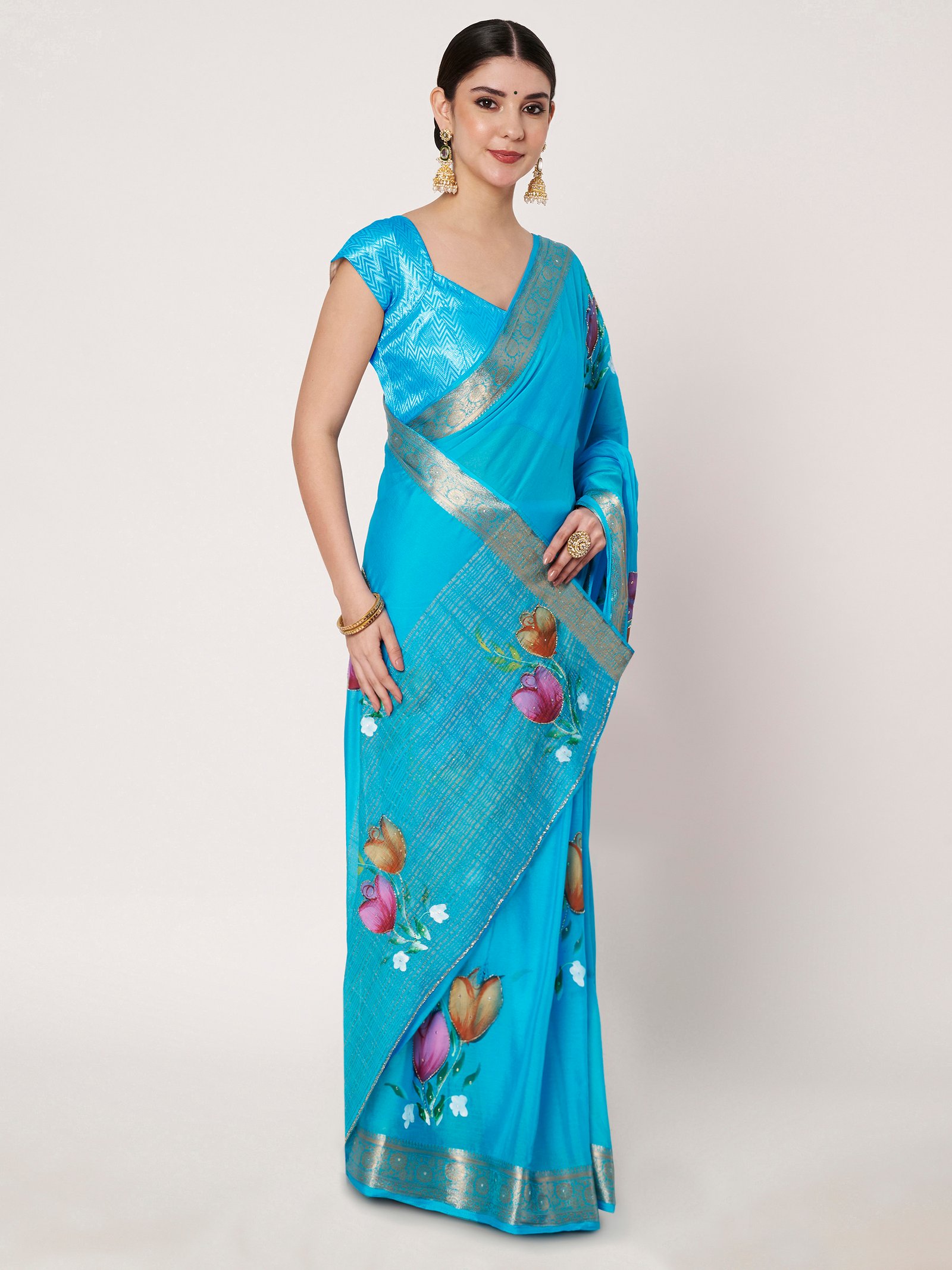 Linen Textile | Blue Chinon chitt pallu saree - Image 5