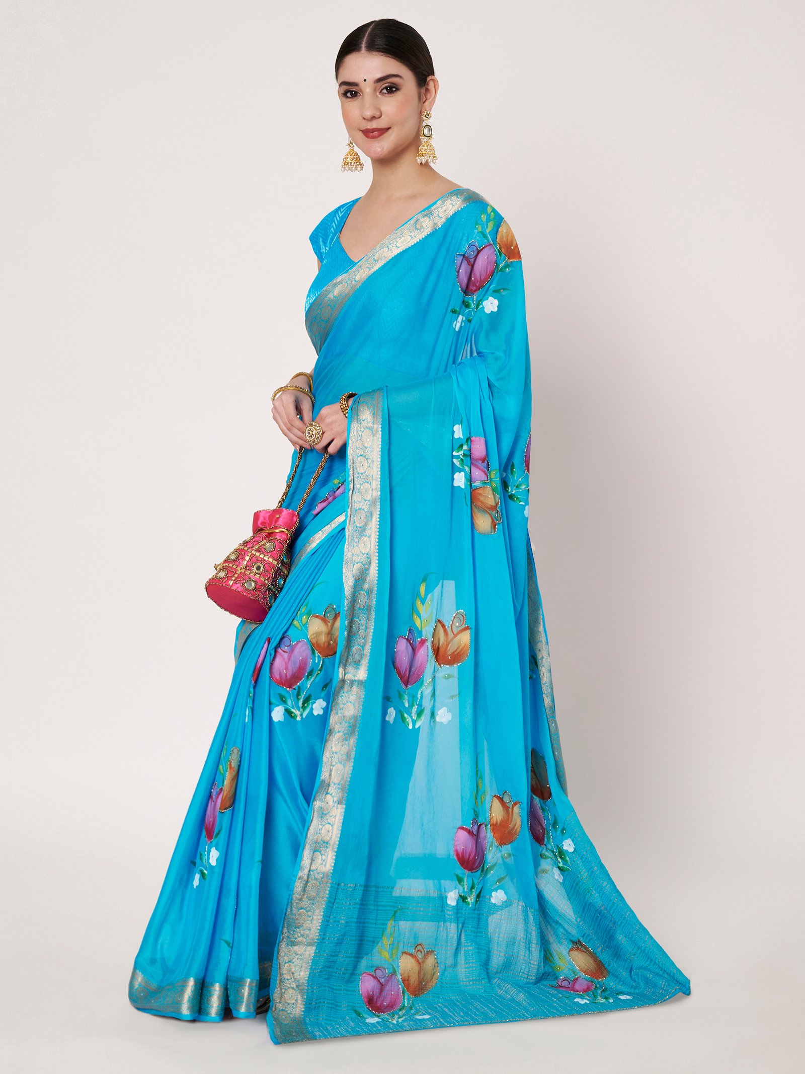 Linen Textile | Blue Chinon chitt pallu saree - Image 6
