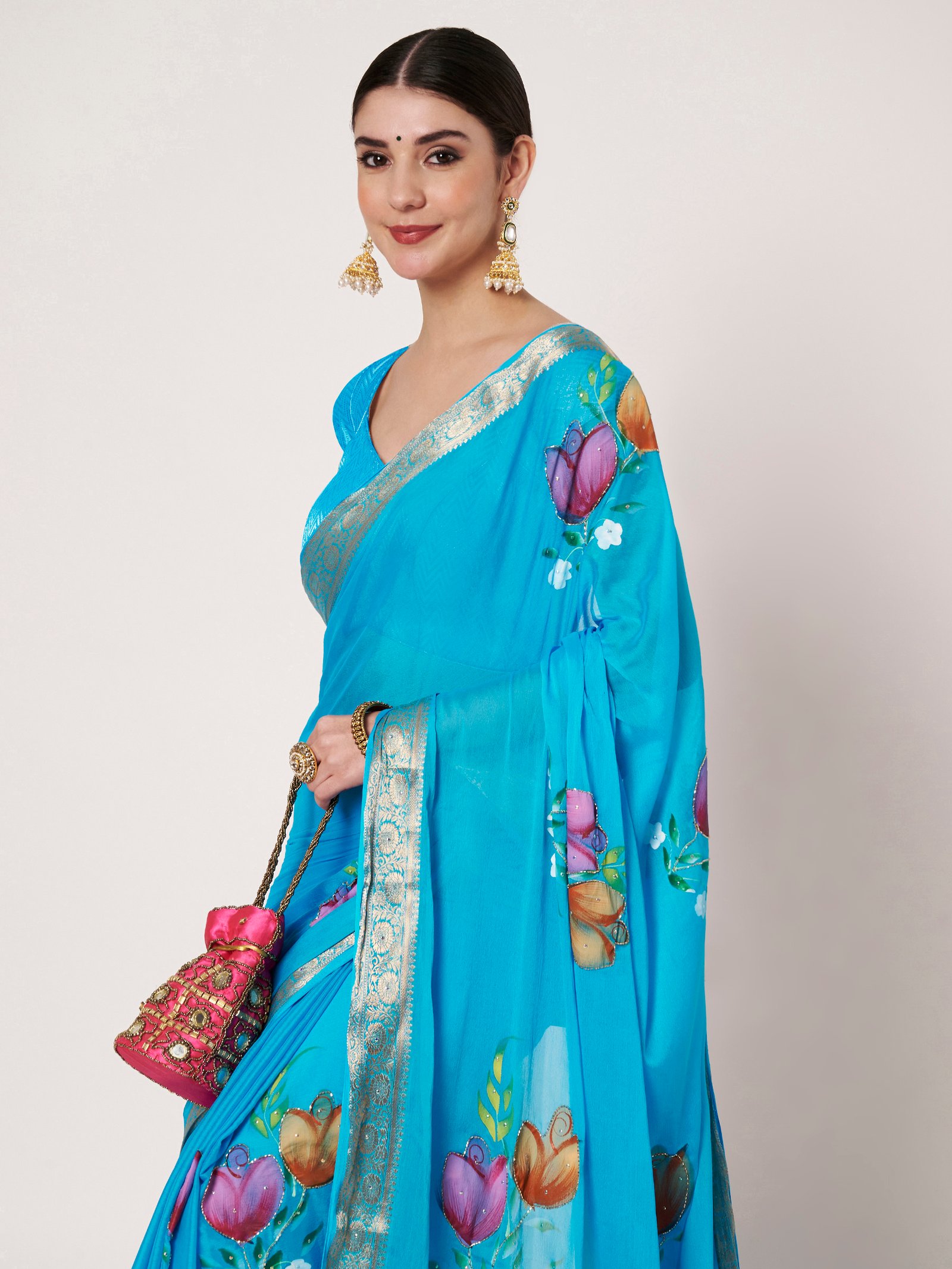 Linen Textile | Blue Chinon chitt pallu saree - Image 7