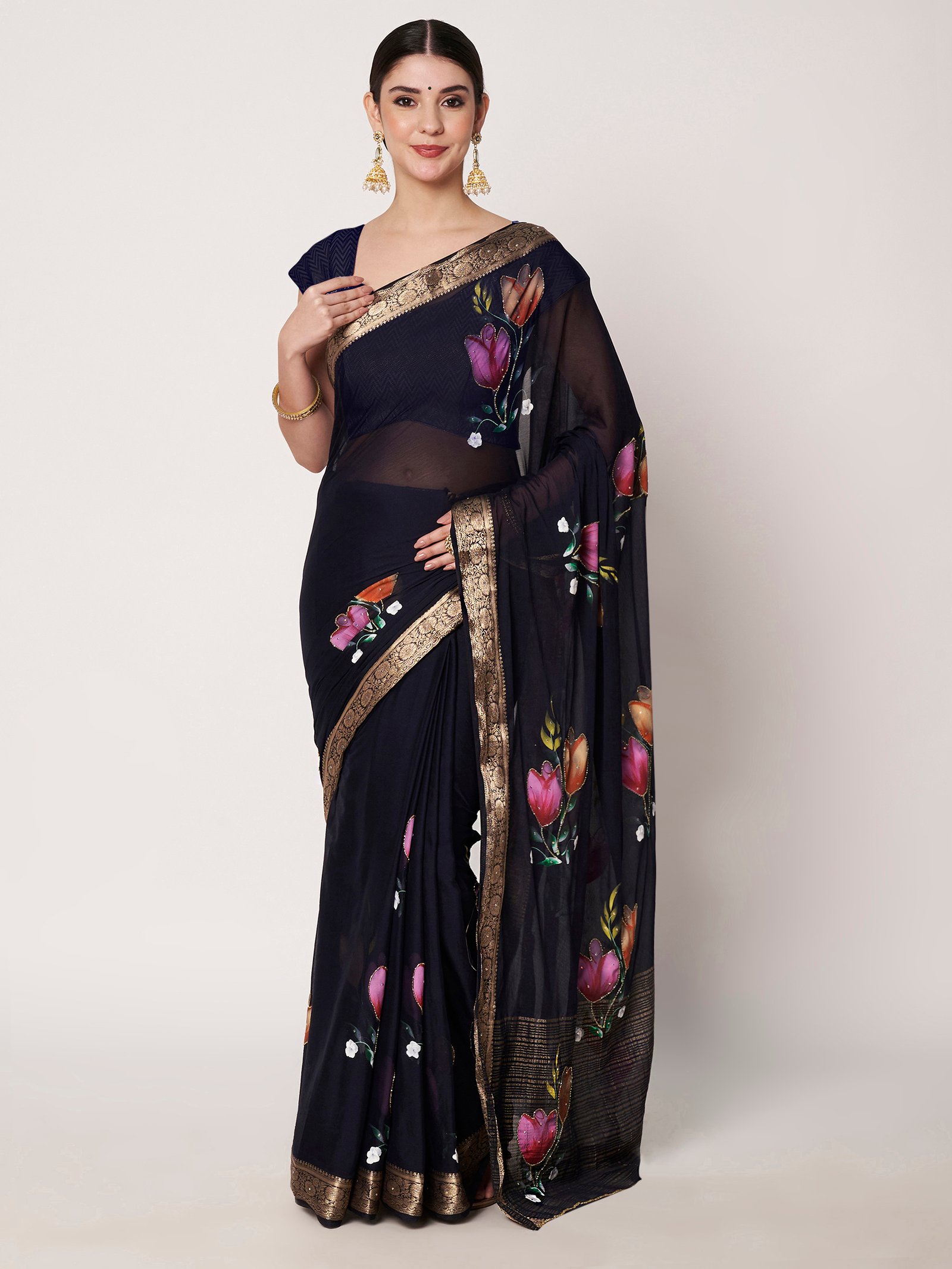 Linen Textile | Navy Dark Blue Chinon chitt pallu