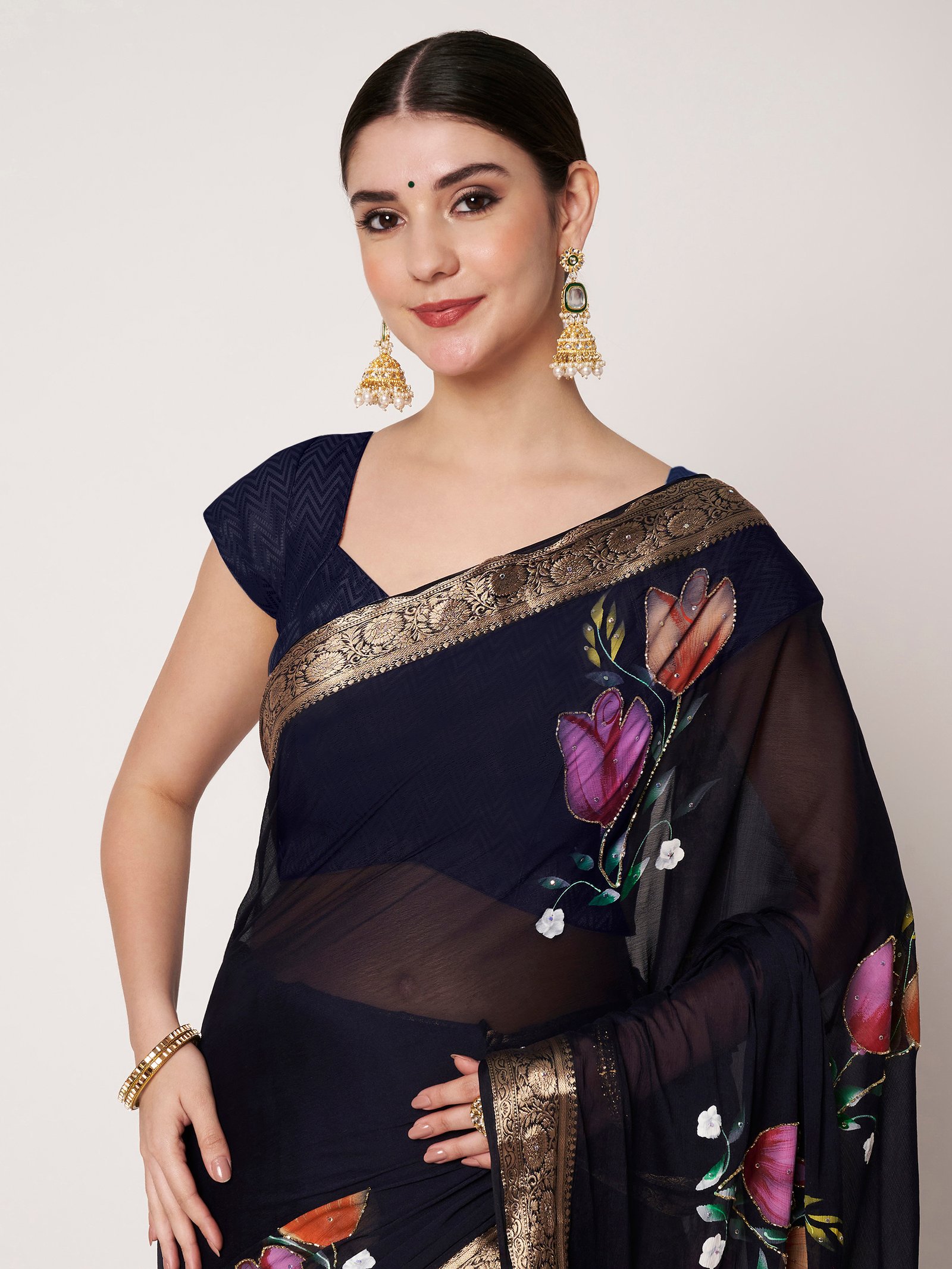 Linen Textile | Navy Dark Blue Chinon chitt pallu - Image 2