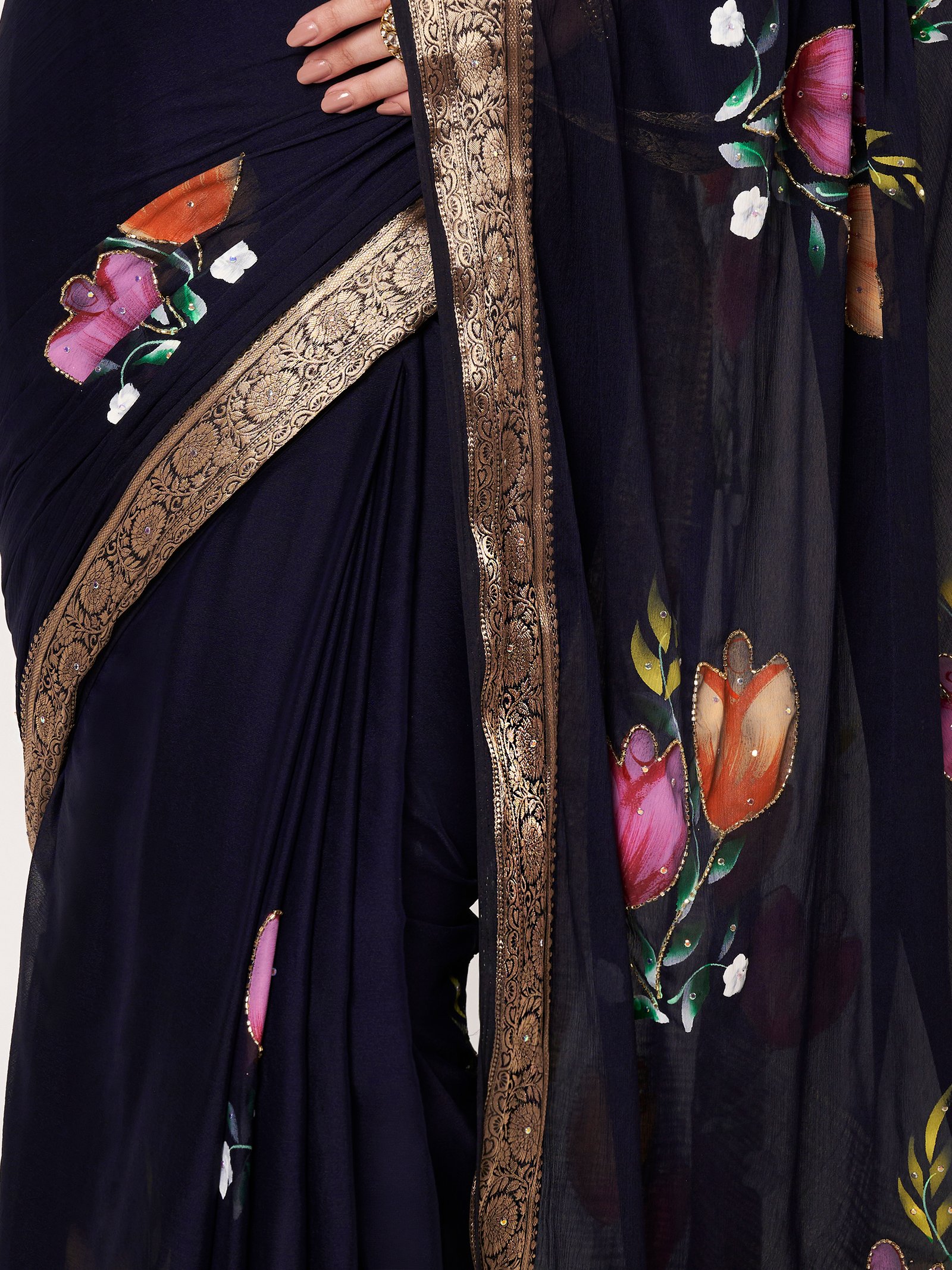 Linen Textile | Navy Dark Blue Chinon chitt pallu - Image 3