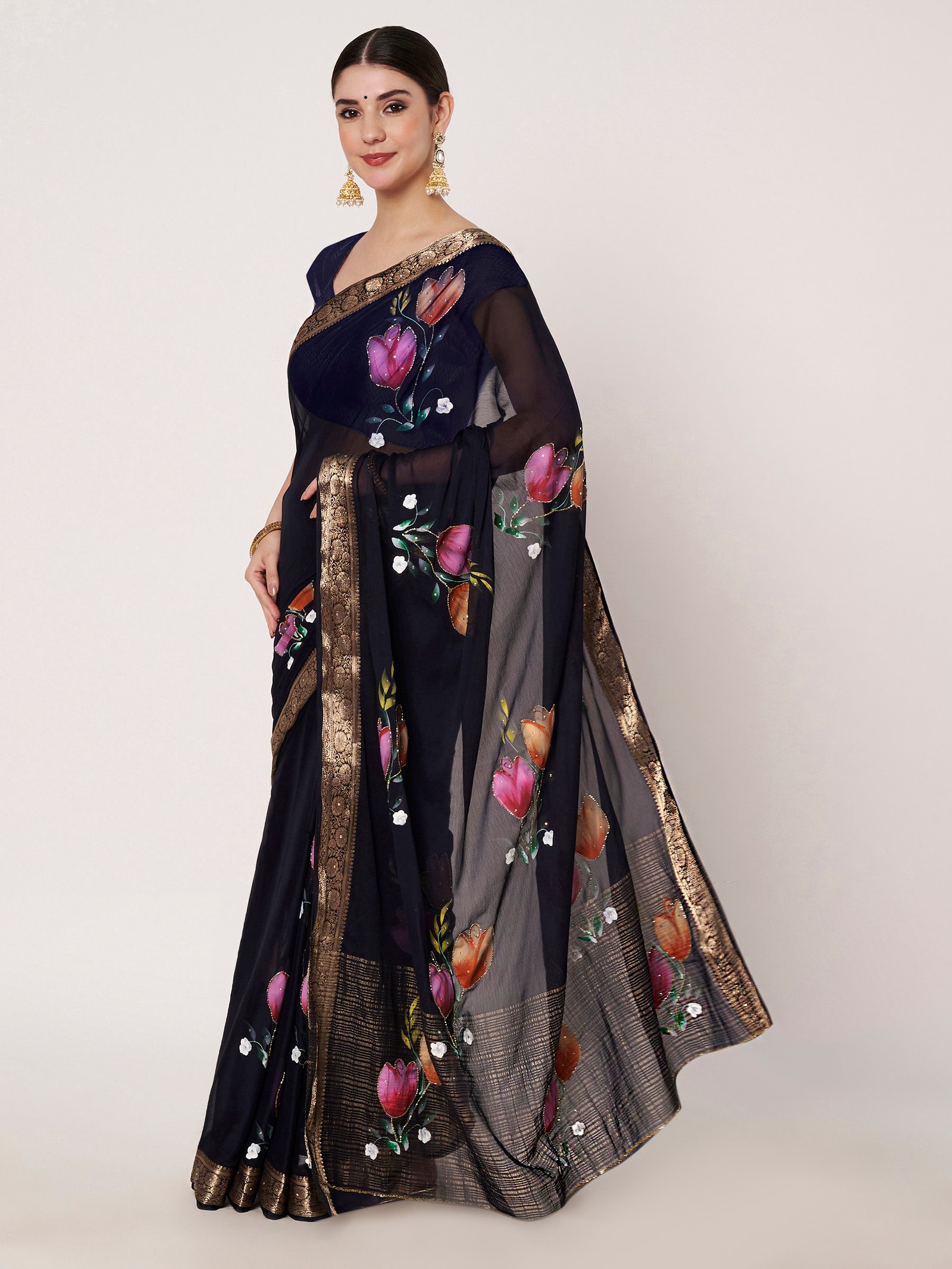 Linen Textile | Navy Dark Blue Chinon chitt pallu - Image 4