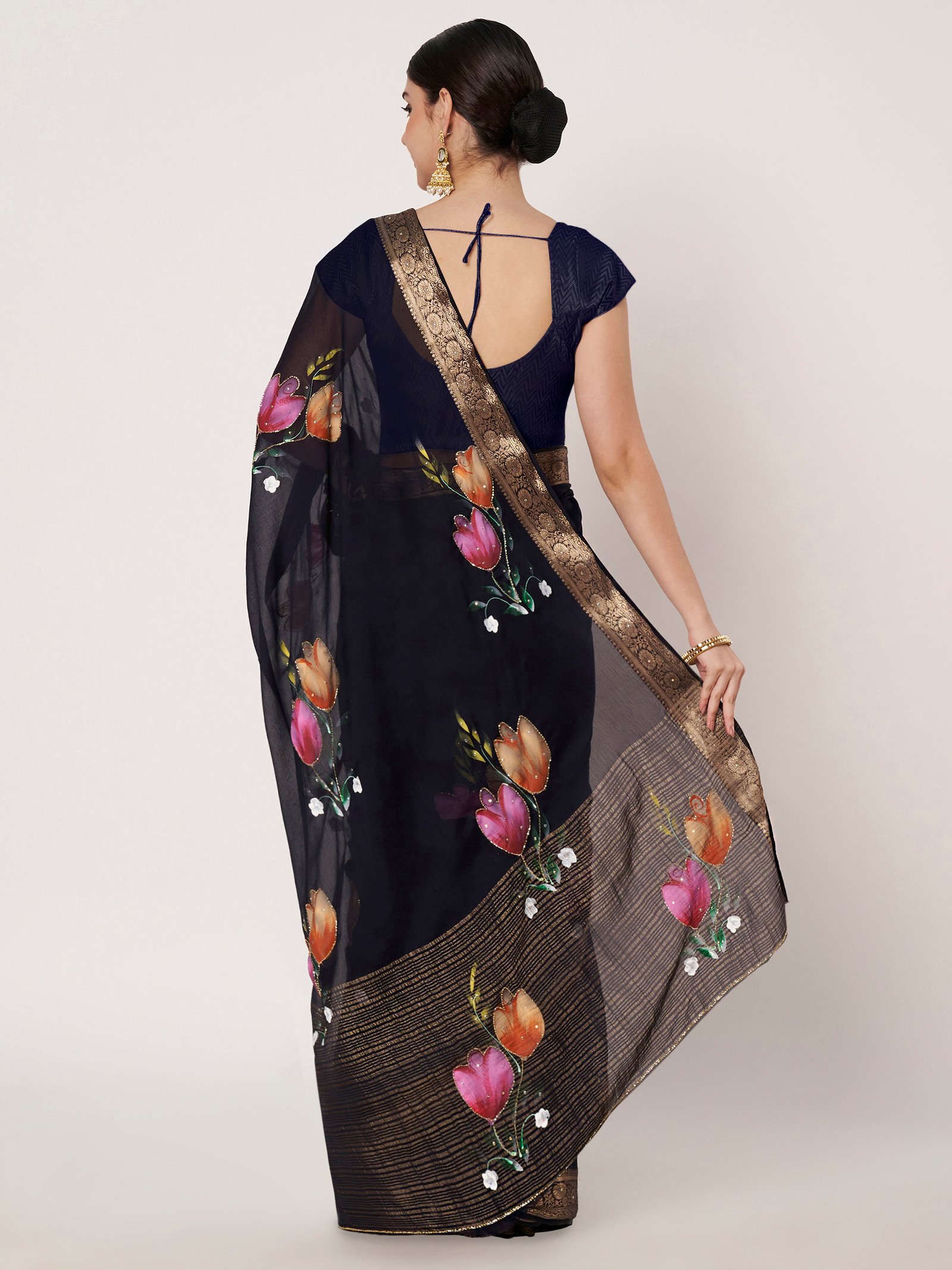 Linen Textile | Navy Dark Blue Chinon chitt pallu - Image 5