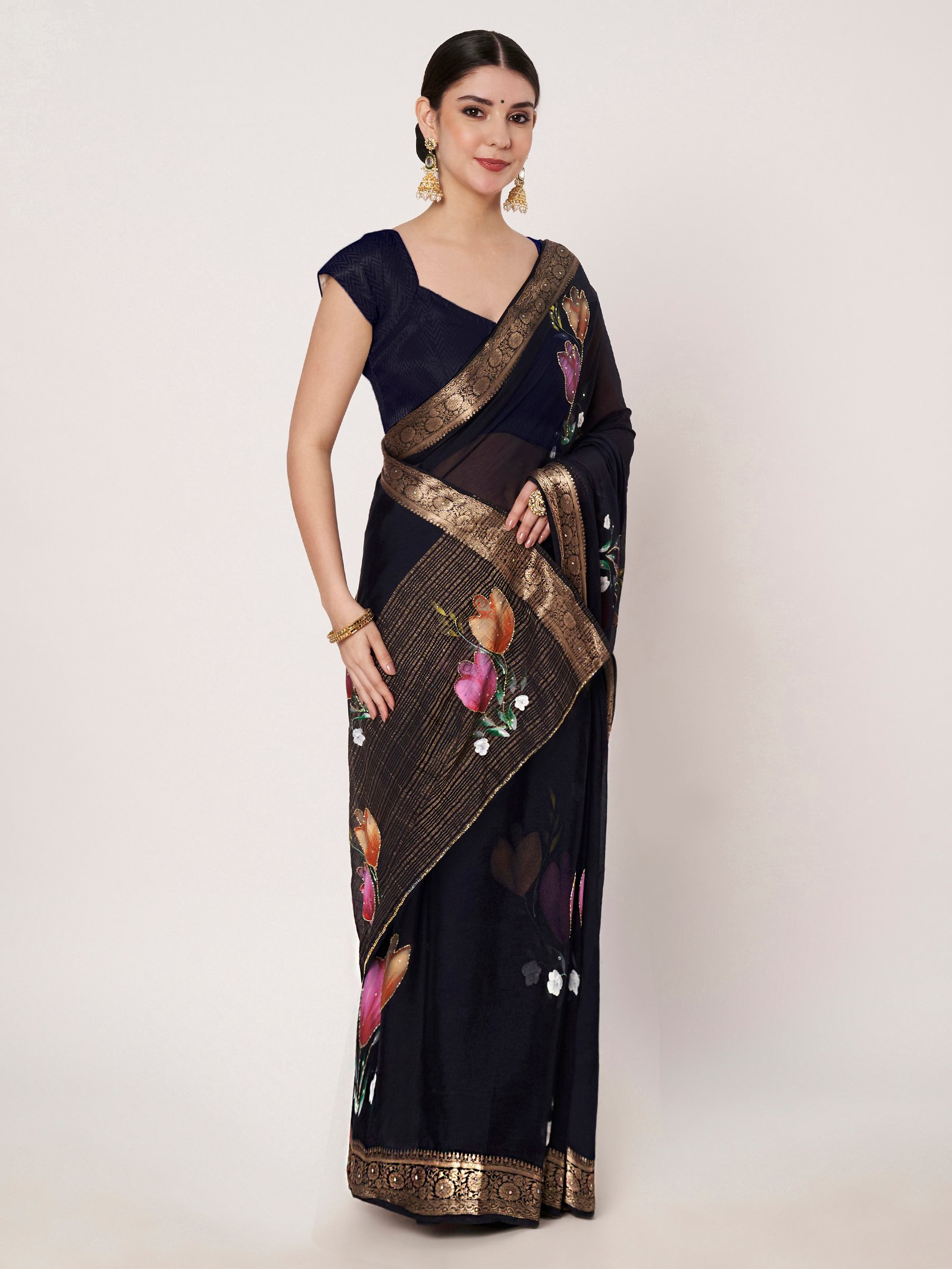 Linen Textile | Navy Dark Blue Chinon chitt pallu - Image 6