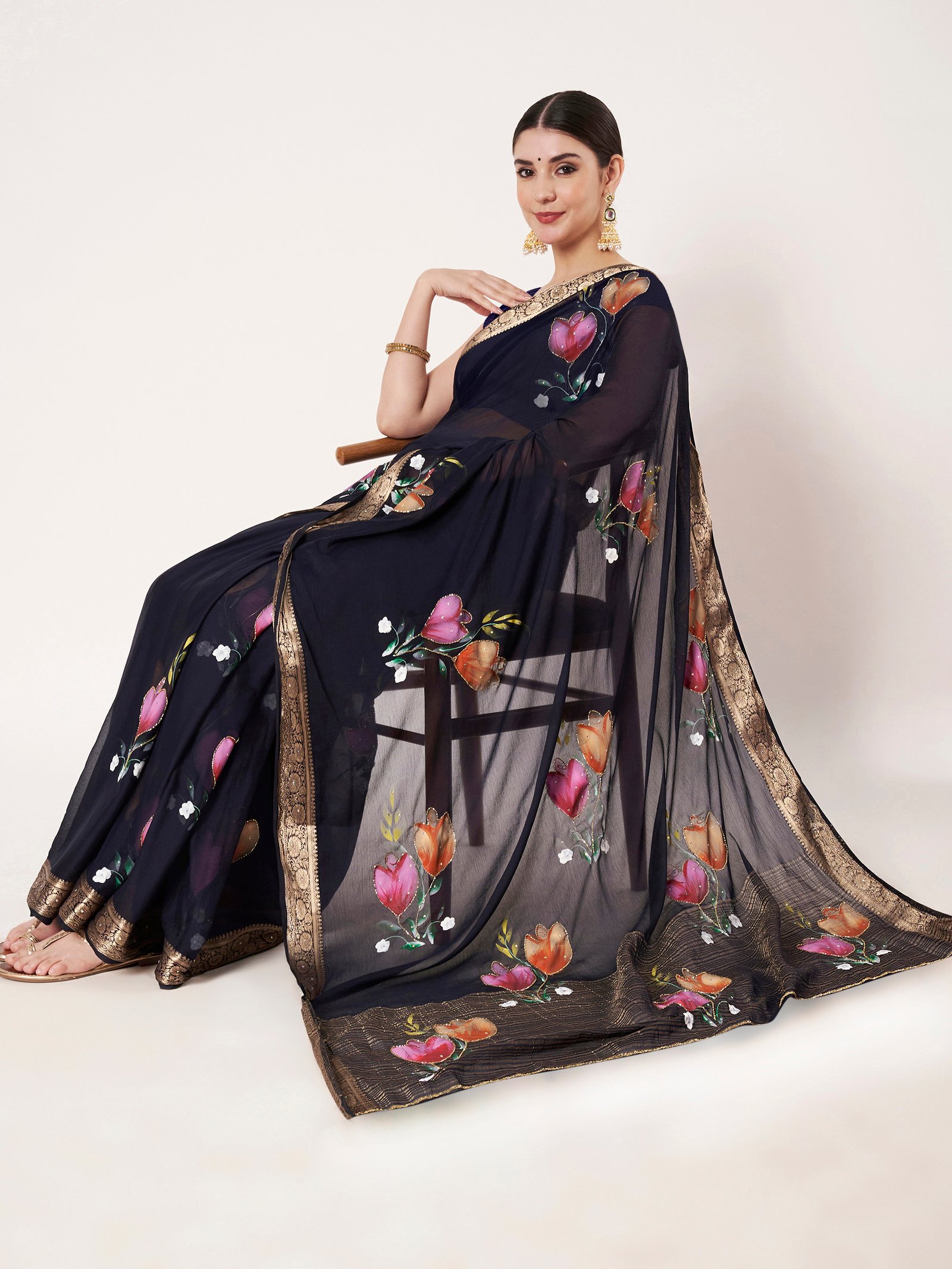 Linen Textile | Navy Dark Blue Chinon chitt pallu - Image 7