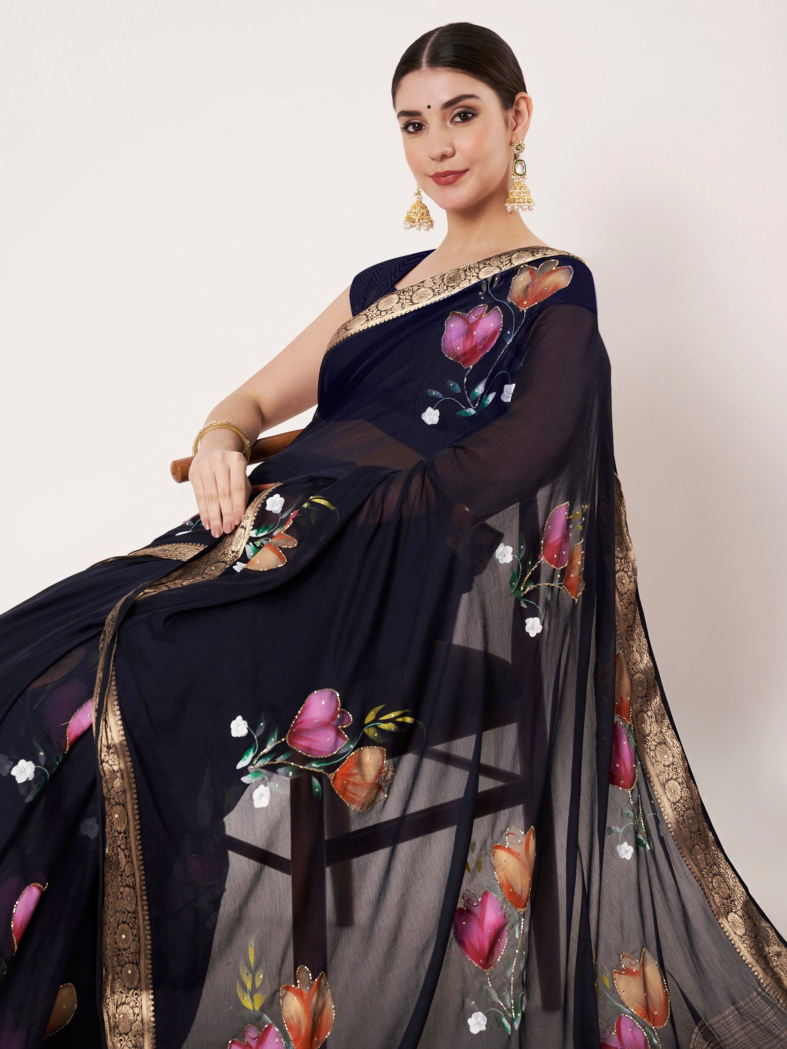 Linen Textile | Navy Dark Blue Chinon chitt pallu - Image 8