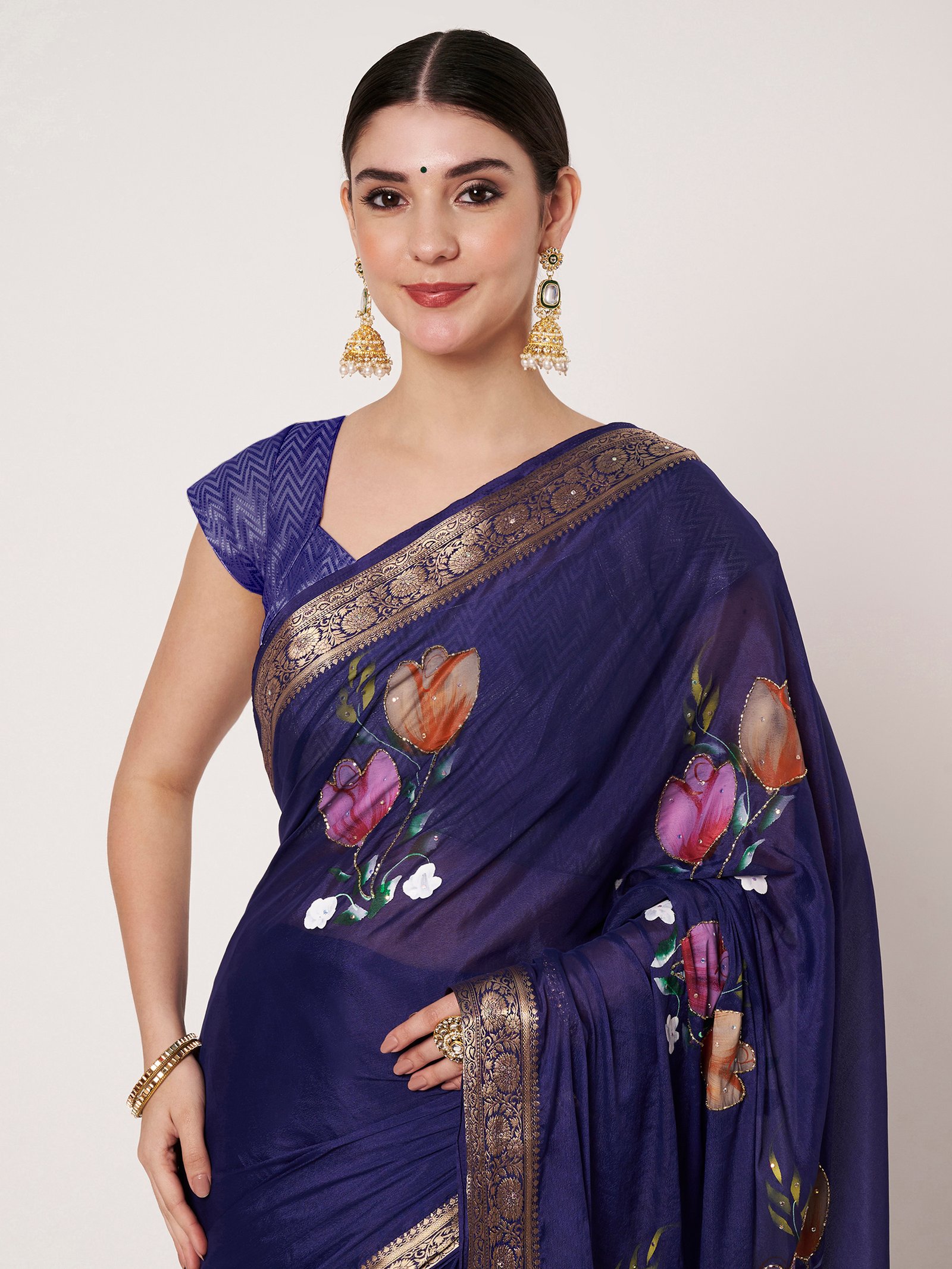 Linen Textile | Royal Blue Chinon chitt pallu saree - Image 5