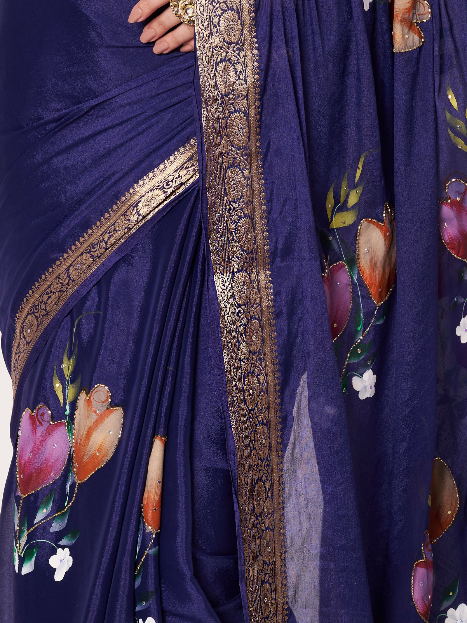 Linen Textile | Royal Blue Chinon chitt pallu saree - Image 6