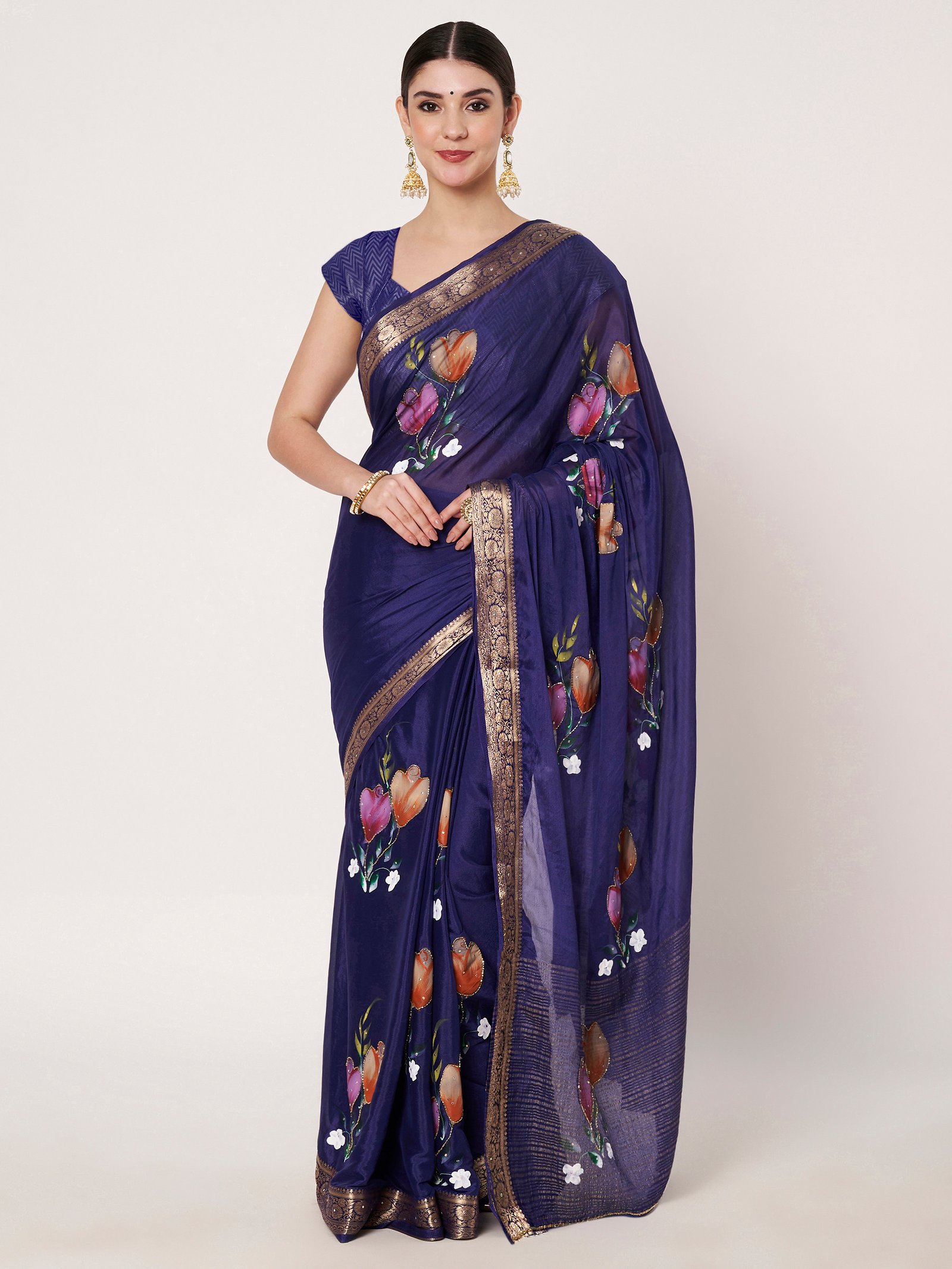 Linen Textile | Royal Blue Chinon chitt pallu saree