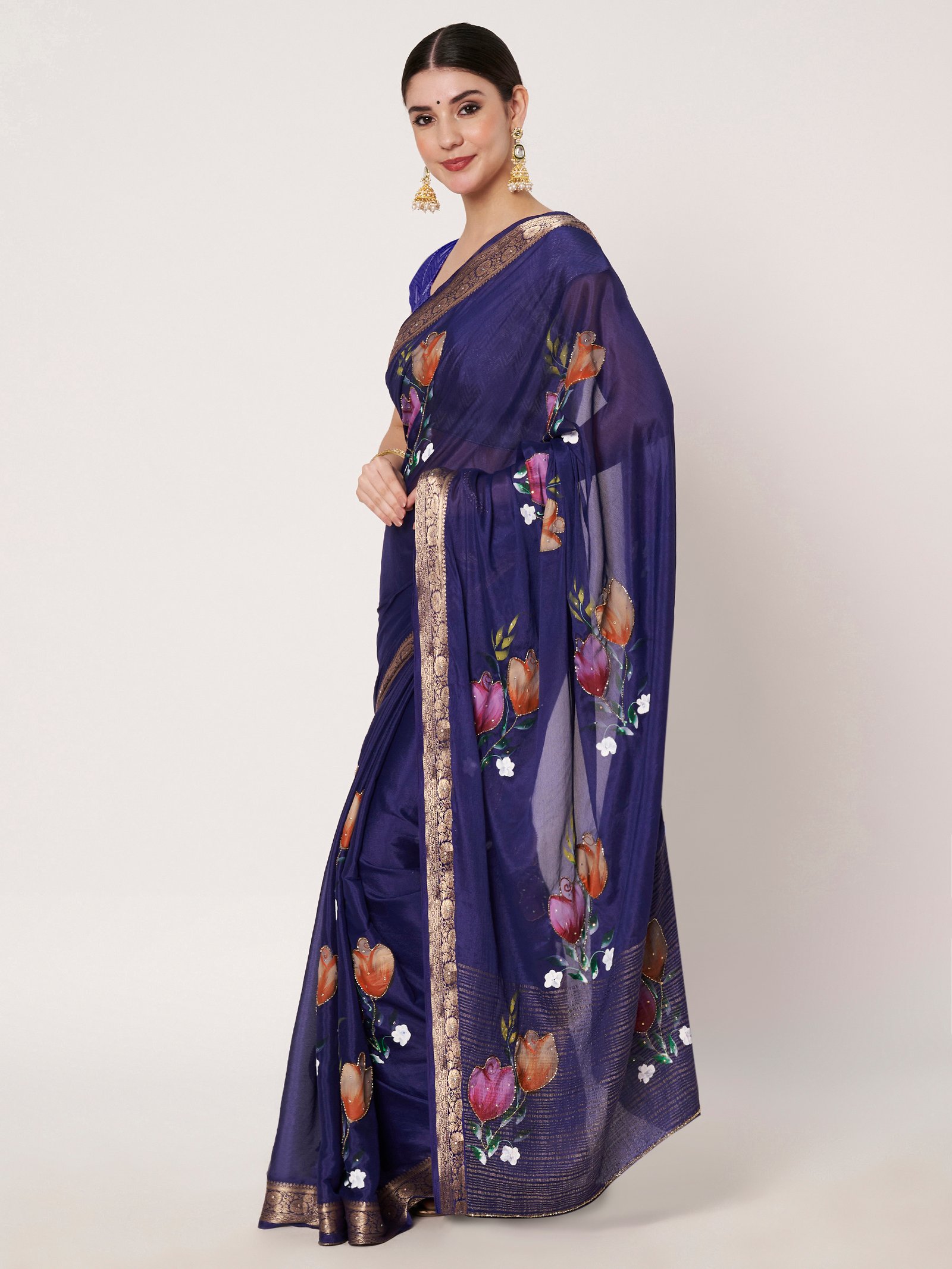 Linen Textile | Royal Blue Chinon chitt pallu saree - Image 2