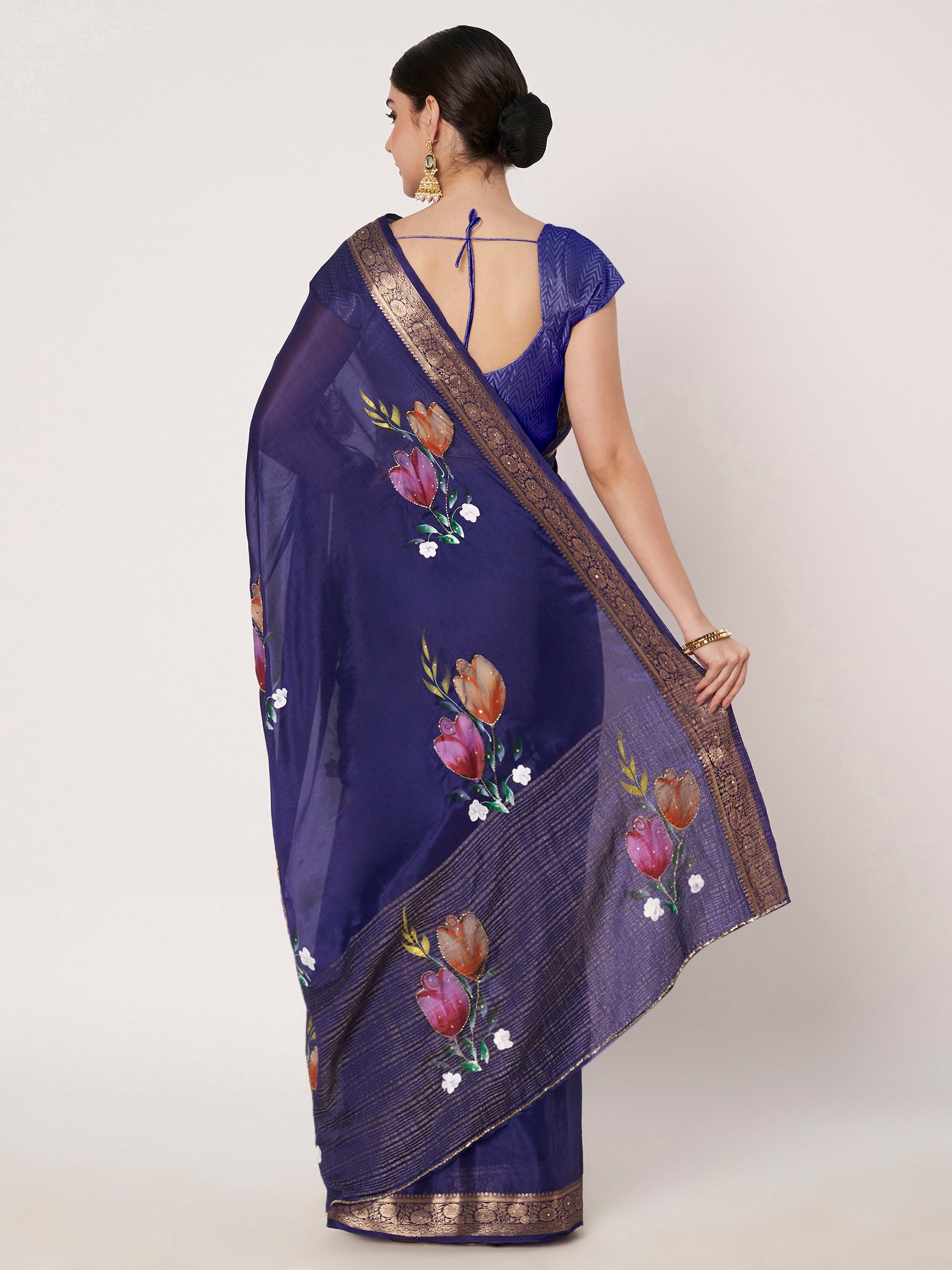 Linen Textile | Royal Blue Chinon chitt pallu saree - Image 3