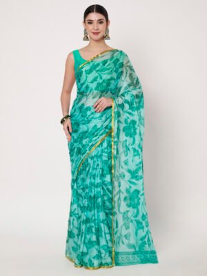 Linen Textile | Rama Green Chinon Zari Piping