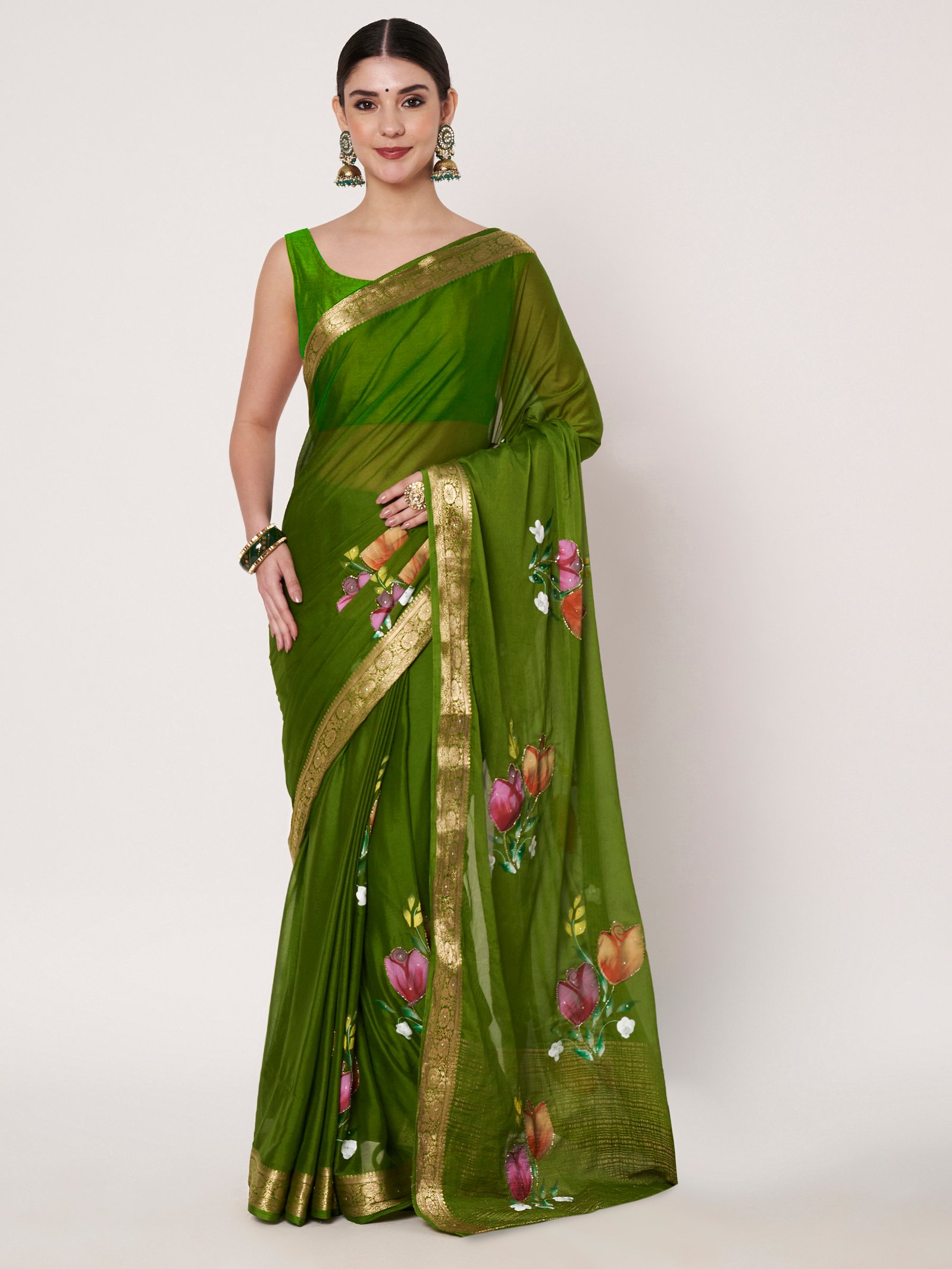 Linen Textile | Mehandi Chinon saree