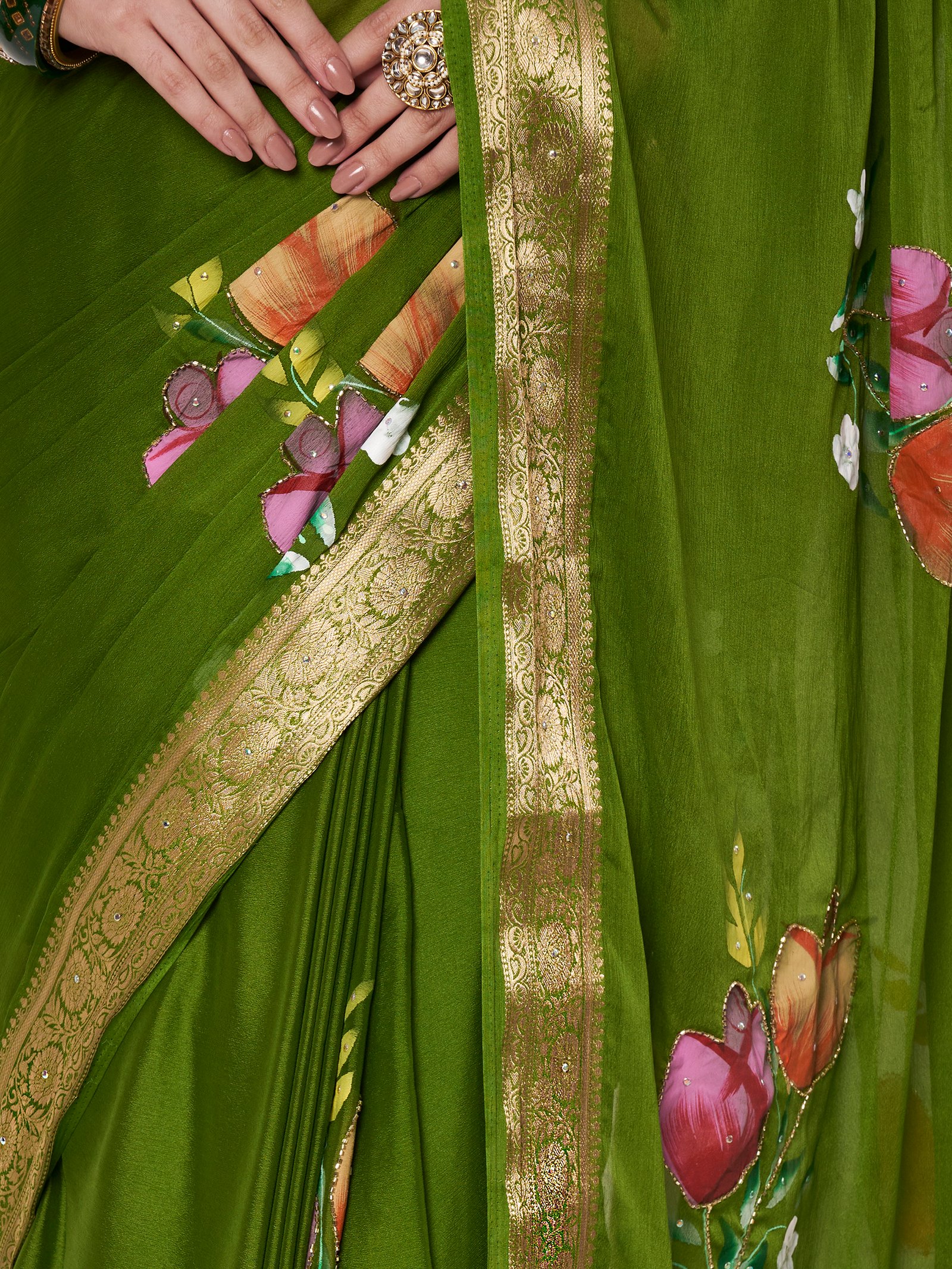 Linen Textile | Mehandi Chinon saree - Image 2