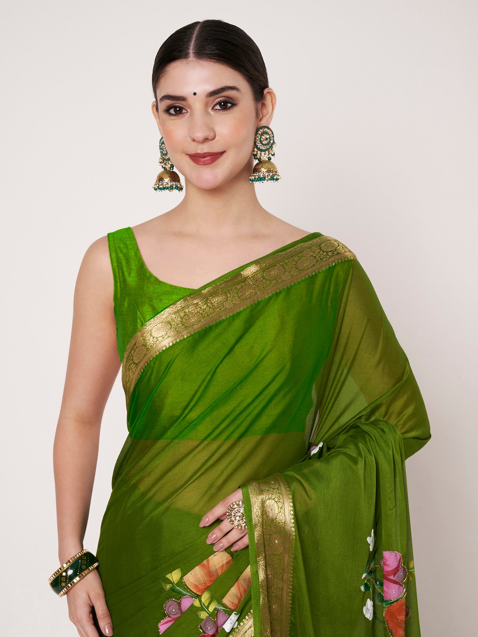 Linen Textile | Mehandi Chinon saree - Image 3