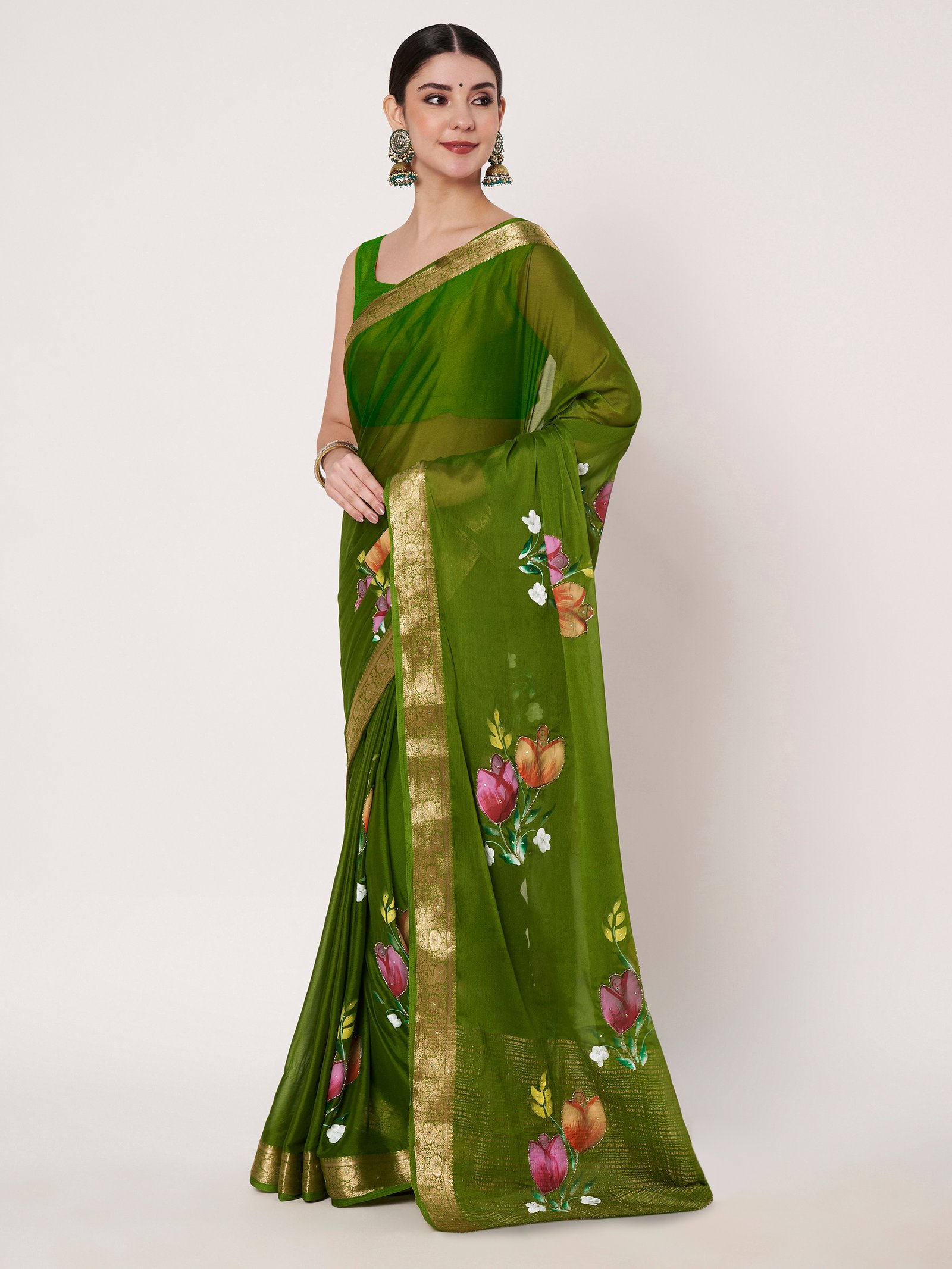 Linen Textile | Mehandi Chinon saree - Image 4