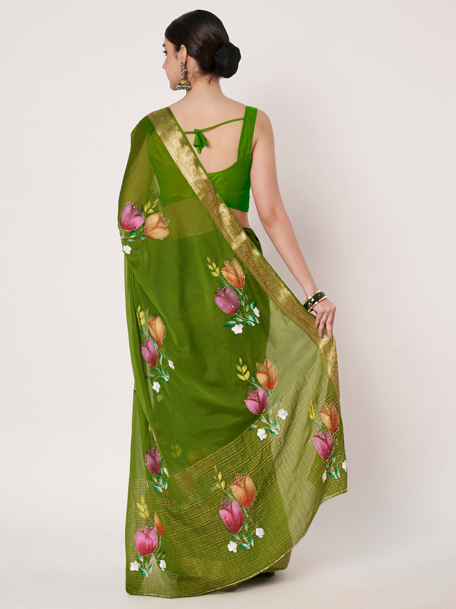 Linen Textile | Mehandi Chinon saree - Image 5