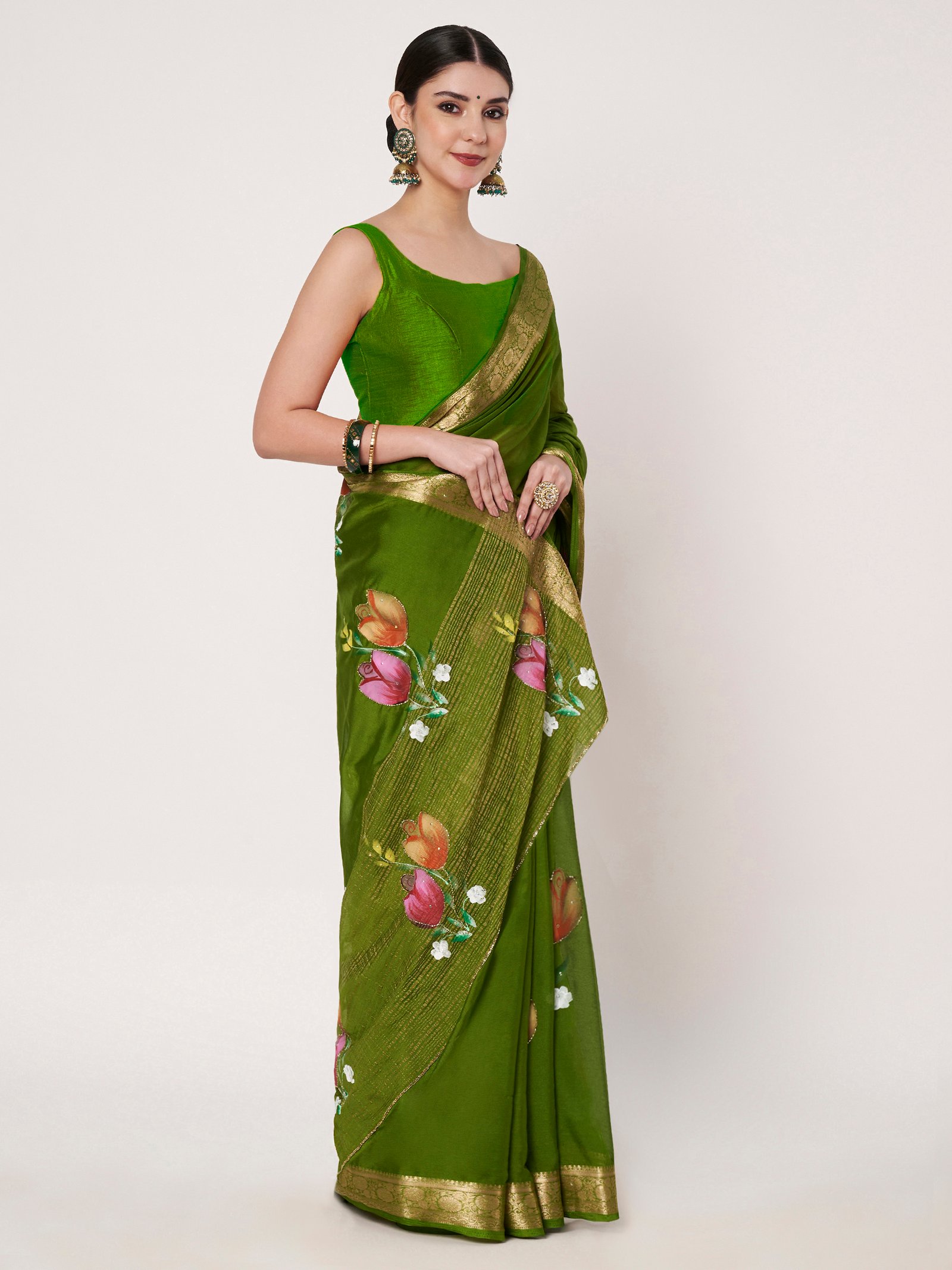 Linen Textile | Mehandi Chinon saree - Image 6