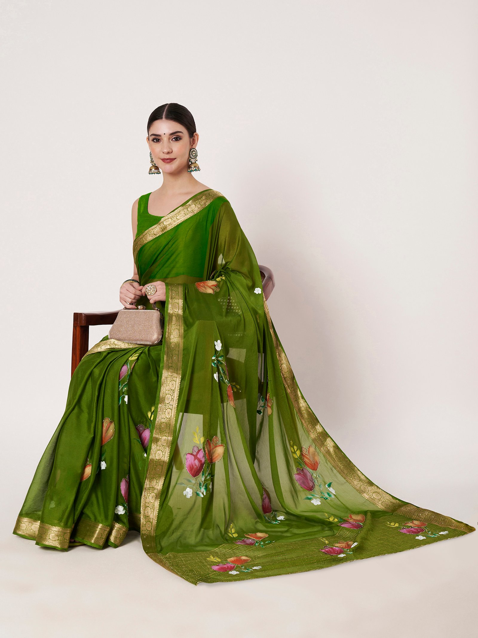 Linen Textile | Mehandi Chinon saree - Image 7