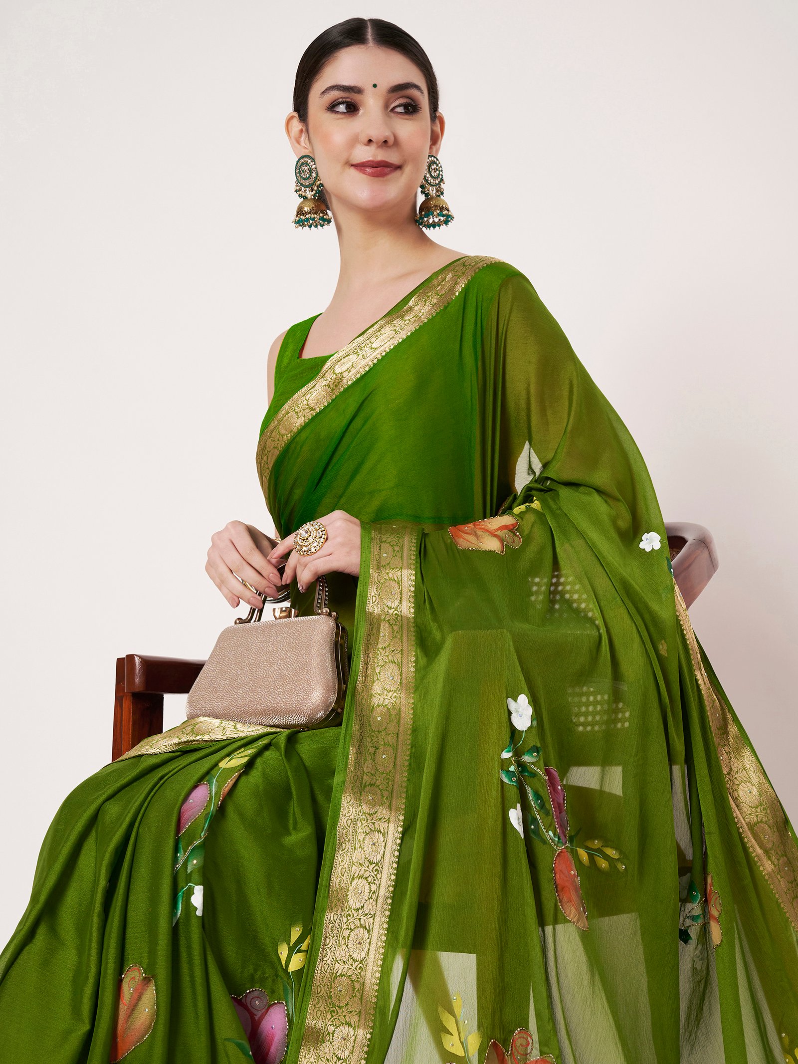 Linen Textile | Mehandi Chinon saree - Image 8