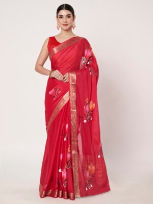 Linen Textile | Dark pink Chinon chitt pallu